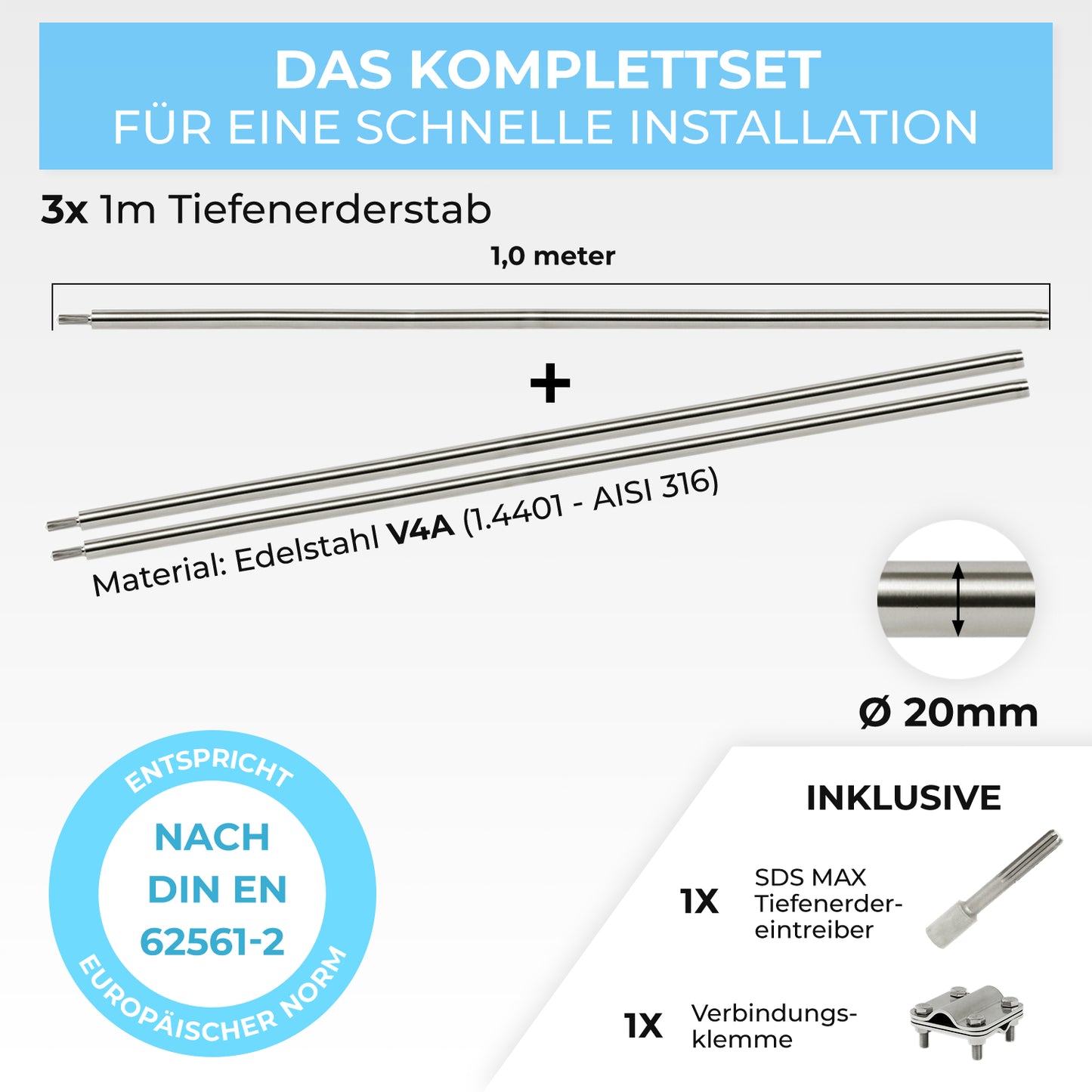 Tiefenerder Set aus V4A Edelstahl - 3 Meter