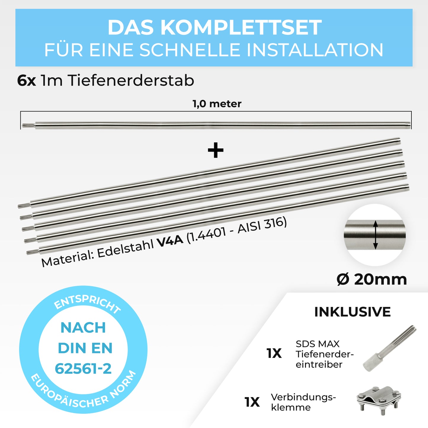 Tiefenerder Set aus V4A Edelstahl - 6 Meter