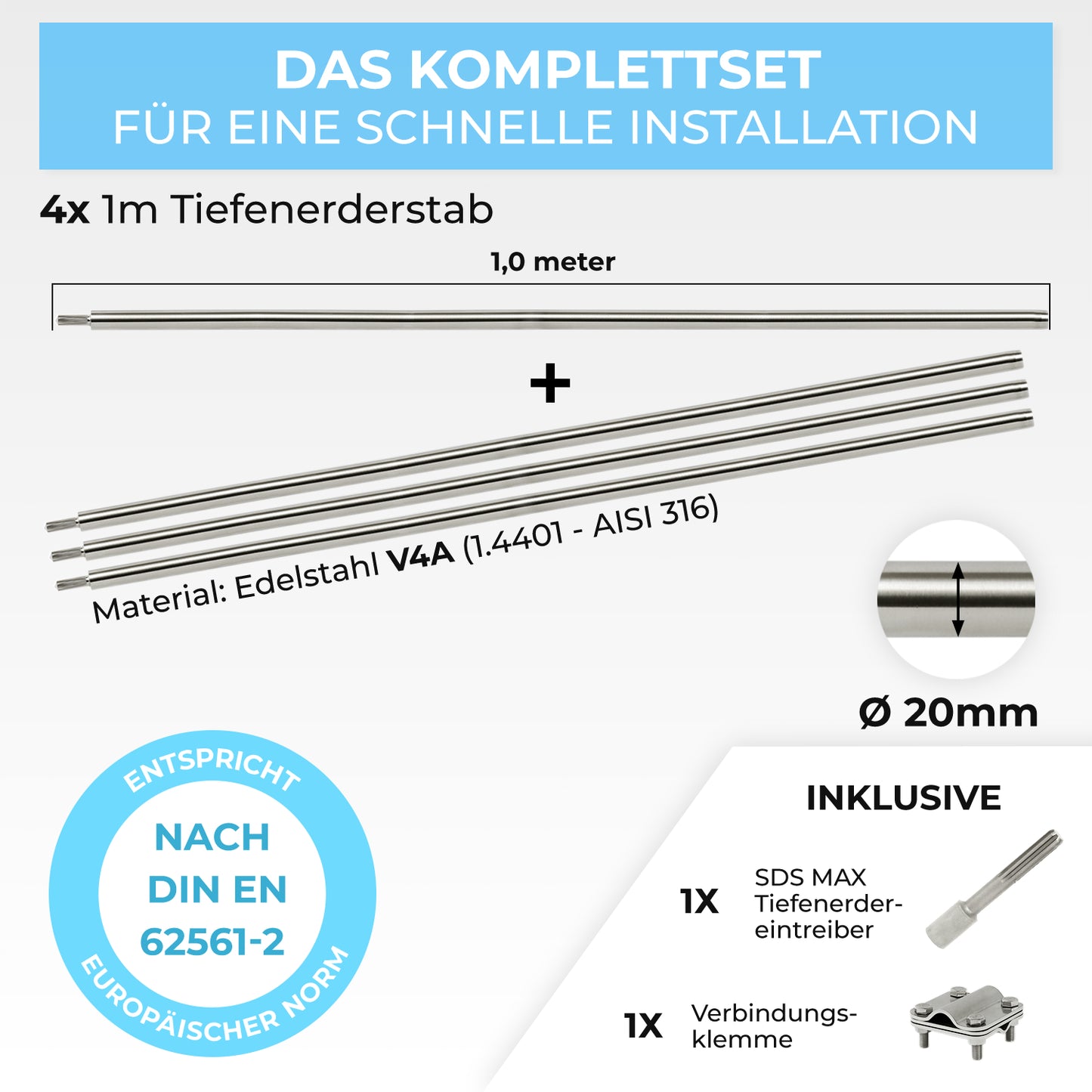 Tiefenerder Set aus V4A Edelstahl - 4 Meter