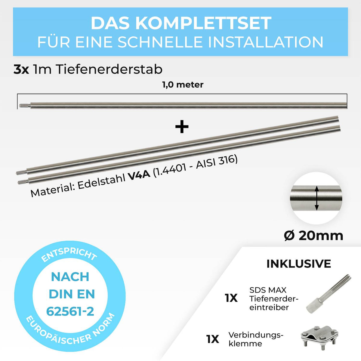 Tiefenerder Set 3 M Mit 20 Mm V4A Edelstahl – Inkl. SDS Max Schlagkopf Für Schnelle Montage
