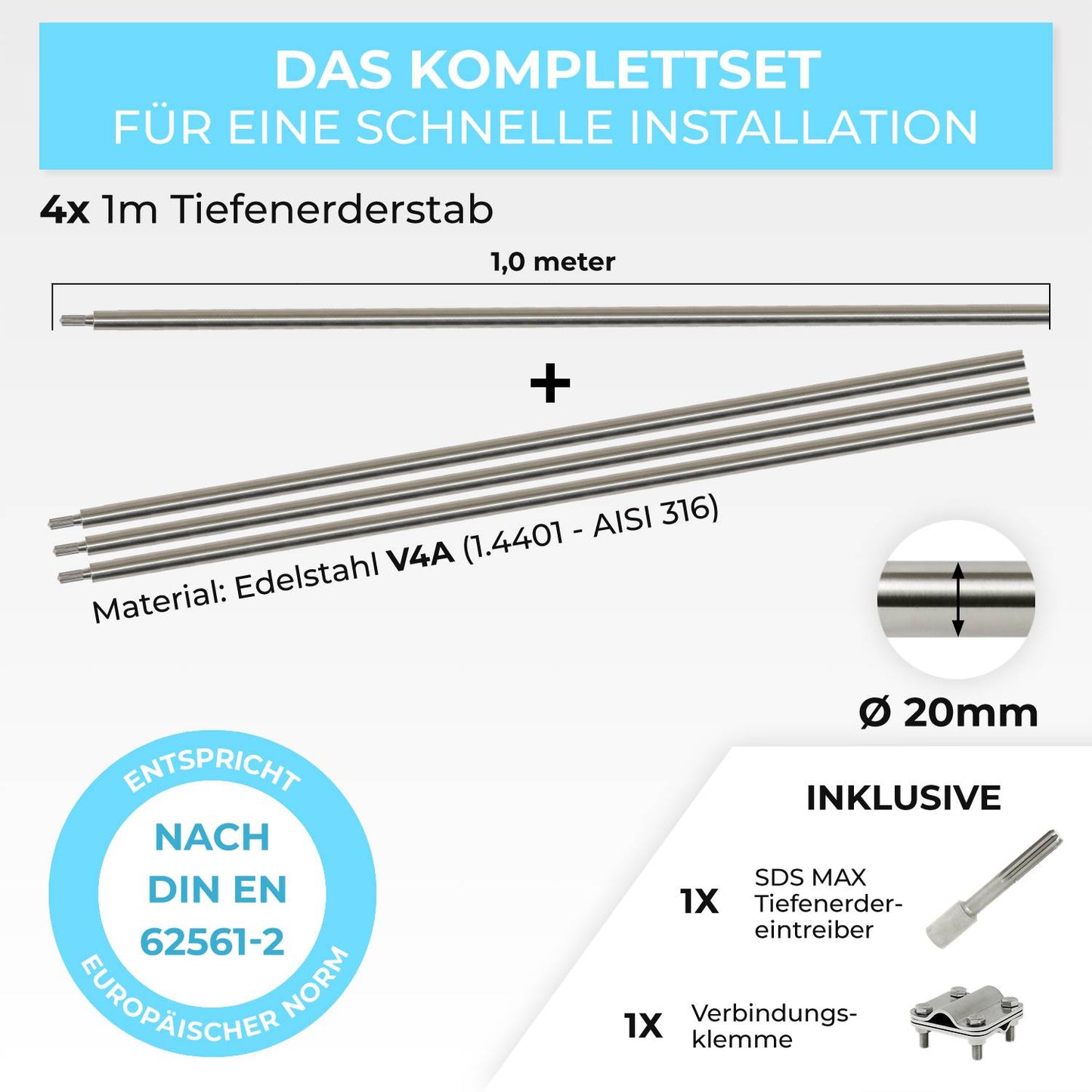 Tiefenerder Set aus V4A Edelstahl - 4 Meter