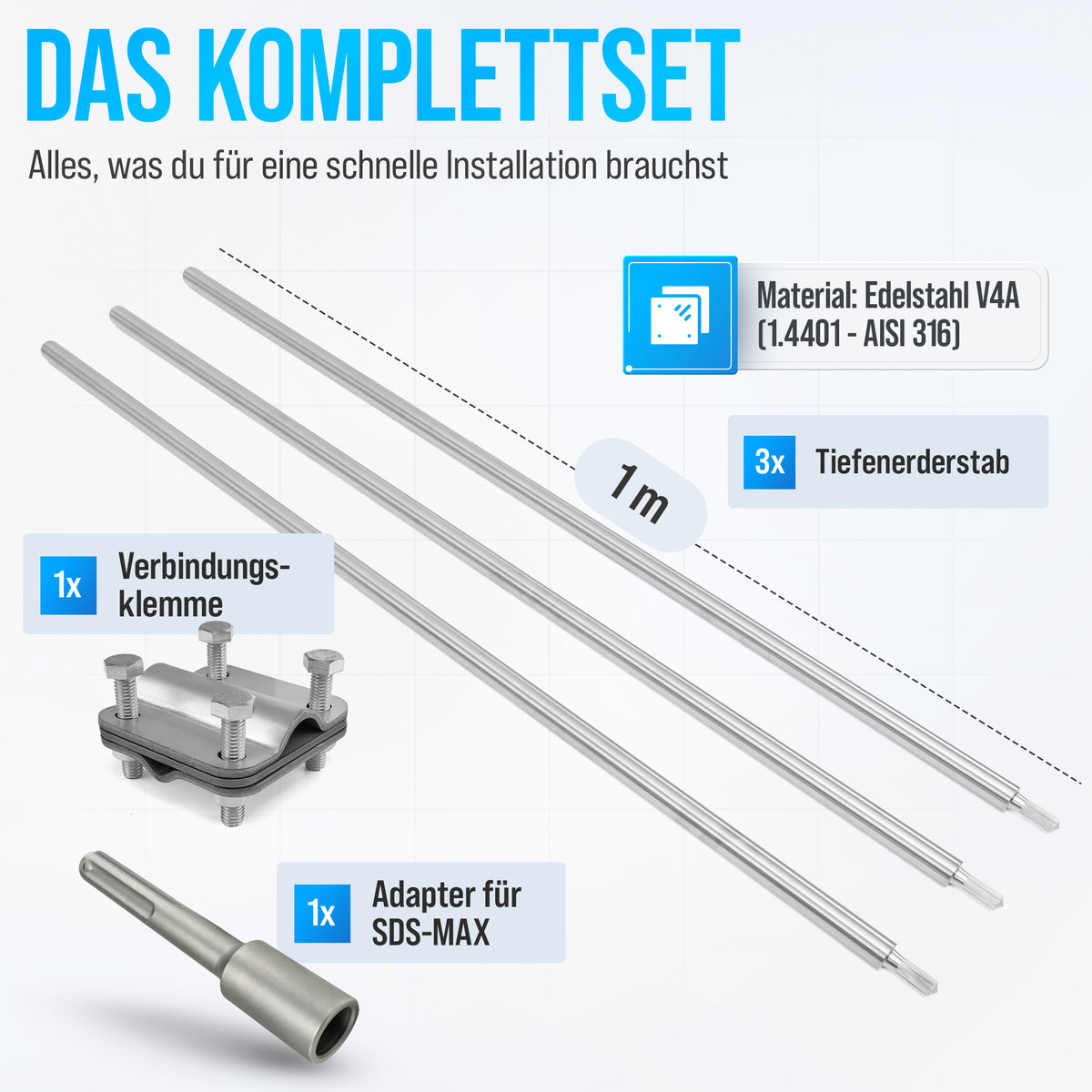 Tiefenerder Set aus V4A Edelstahl - 3 Meter
